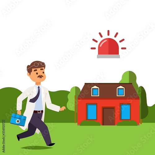 Reanimation doctor result, medicine treatment vector illustration. Healthcare assistance and support, man character with first aid kit in medical uniform run to patients house. Signal about disease.