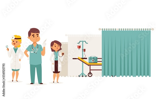 Reanimation center, medic assistance result vector illustration. Ambulance professional team, doctor man character with nurse help sick people in hospital, rescue support treatment.