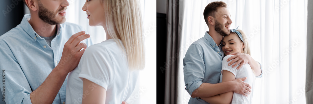 collage of happy man hugging cheerful girl at home collage of happy man hugging cheerful girl at home