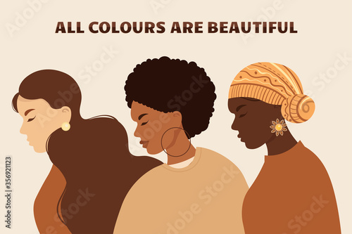 Stop racism. Black lives matter, we are equal. No racism concept. Flat style. Different skin colors. Supporting illustration. Vector.