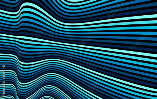 Psychedelic blue colored optical illusion lines vector insane art background, LSD hallucination delirium, surreal op art linear curves in hyper 3D perspective, hypnotic design.