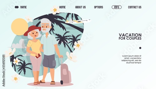 Retired couple on vacation, vector illustration. Website travel company for couples, retirement leisure together. Happy grandparents with documents and suitcases at tropical resort.