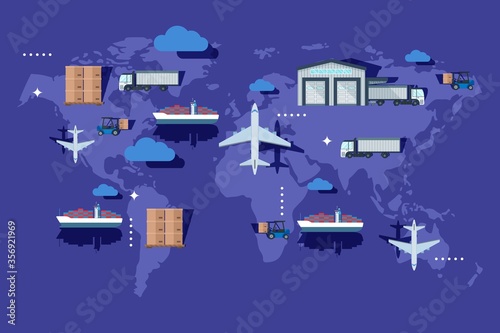 Warehouse transportation outside container, delievery vector illustration. Industry production export on world map, airplane, vessel, cargo and forklift shipment. Business global logistic.