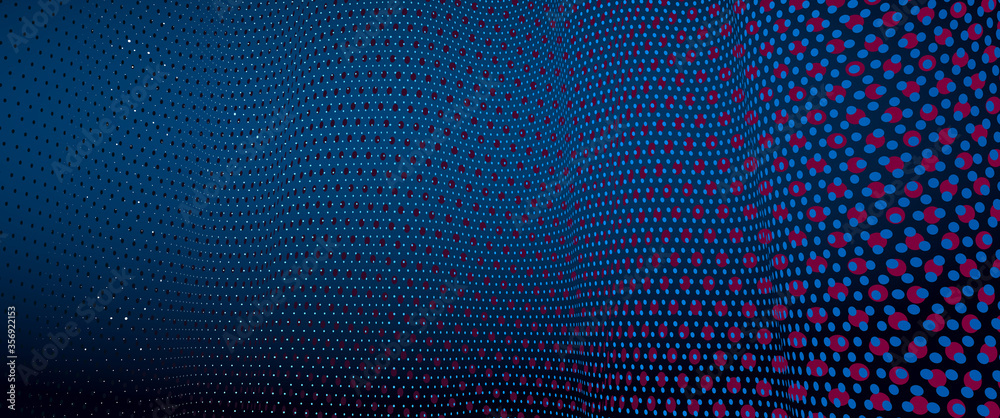 3D abstract dark blue background with dots pattern vector design, technology theme, dimensional dotted flow in perspective, big data, nanotechnology.