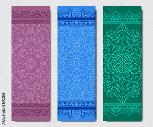 Set of design yoga mats. Floral and mandala pattern in oriental style for decoration sport equipment. Colorful ethnic Indian ornaments for spiritual serenity. Decor of business card, poster, print.