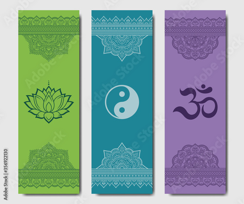 Set of design yoga mats. Lotus floral pattern, OM and Yin-yang in oriental style for decoration sport equipment. Colorful ethnic Indian ornaments for spiritual serenity. Decor of card, poster, print.