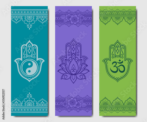 Set of design yoga mats. Lotus floral pattern, OM and Yin-yang in oriental style for decoration sport equipment. Colorful ethnic Indian ornaments for spiritual serenity. Decor of card, poster, print.