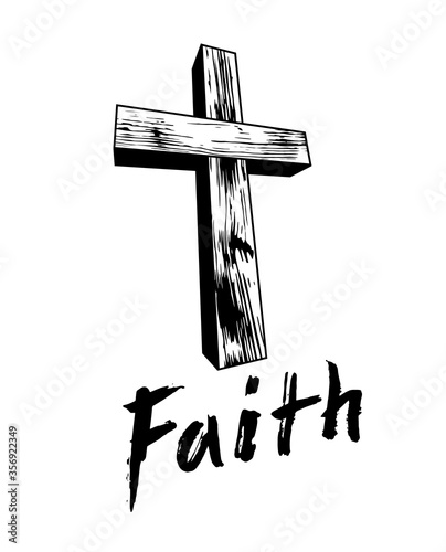 Faith concept with old wooden Christian cross vector metaphor illustration isolated on white, belief and hope, religion salvation theme.