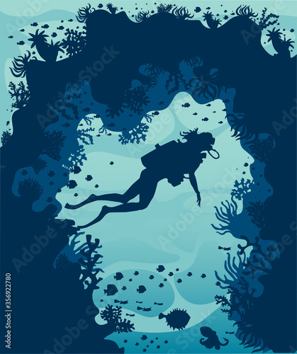  underwater world of silhouette illustration of diver coral fish vector