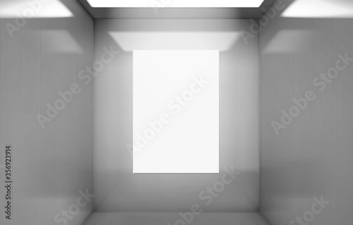 Realistic elevator cabin with poster mockup inside view. Empty lift interior with chrome metal walls and illumination, office, hotel or dwelling indoors speedy transportation, 3d vector illustration