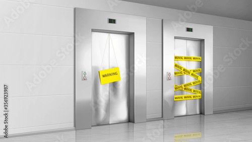 Out of order elevator with closed broken door, yellow warning stripes and banner in office or house hallway. Vector realistic illustration of modern lobby with not working lift