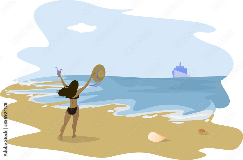 The girl waving a ship on the beach