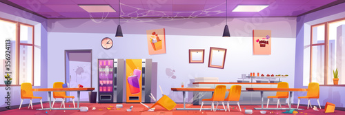 Abandoned school cafe, crashed university canteen, dirty dining room with spider webs on walls, scattered rubbish and broken furniture, tables and chairs, vending machines, Cartoon vector illustration