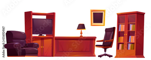 Luxury office in old antique style. Wooden solid furniture table, leather armchair and chair, lamp, tv, bookcase with books, picture on wall isolated on white background, Cartoon vector illustration