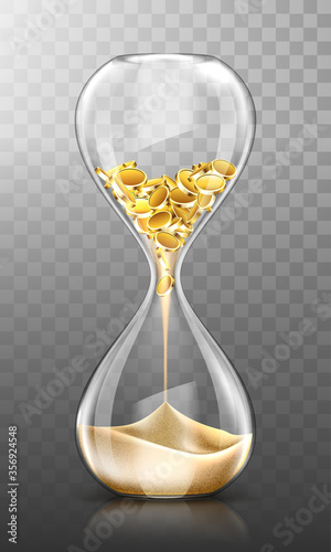 Time is money, hourglass with falling gold coins turn into sand isolated on transparent background. Glass clock, finance success, patience, business capital increasing Realistic 3d vector illustration