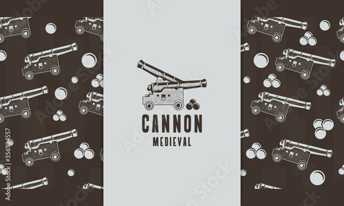 Hand drawn cannon medieval with seamless pattern vector set