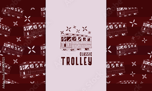 Hand drawn classic trolley with seamless pattern vector set