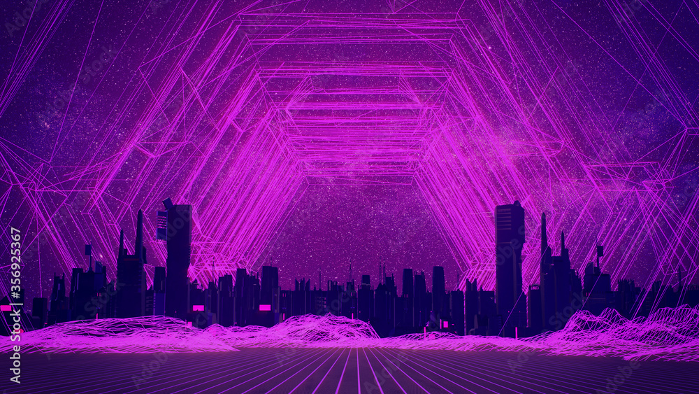 RETRO CITY SKYLINE: Neon glowing simulation and starry sky /Synthwave / Retrowave / Vaporwave Background | 3D Illustration