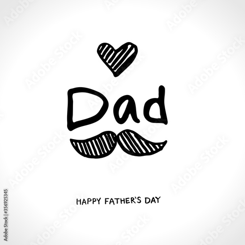 Dad. Hand drawn word. Happy Fathers Day greeting cartoon card with a crown and mustache. Vector Sketch Illustration. 