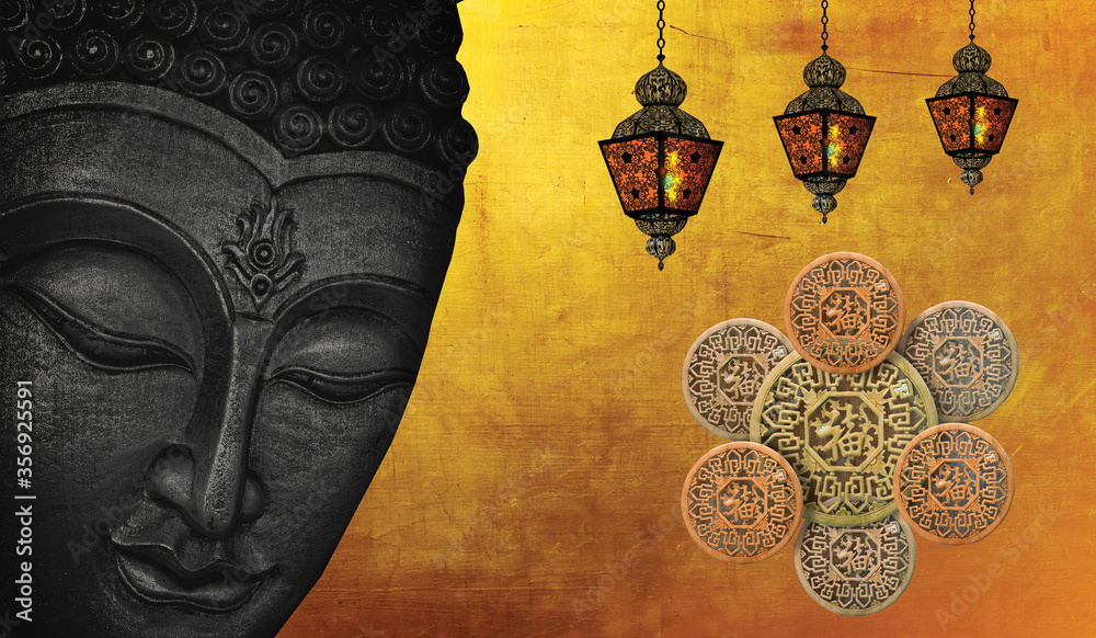 Bronze Buddha Face With Lalten And Chiness Coin Wallpaper Design. Stock Photo | Adobe Stock Bronze Buddha Face With Lalten And Chiness Coin Wallpaper Design. Stock Photo | Adobe Stock