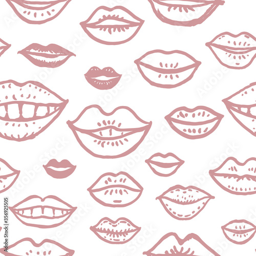 Felt-tip pen hand drawn lips seamless pattern. Lips mouths of different people funny vector template. Dusty pink drawing isolated on white.