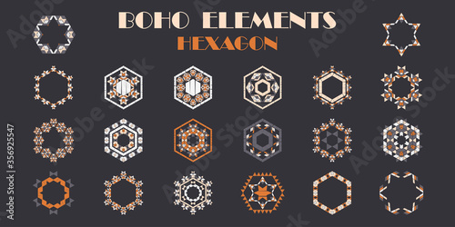 Set: Hexagon. Geometry. Design with manual hatching. Textile. Ethnic boho ornament. Vector illustration for web design or print.