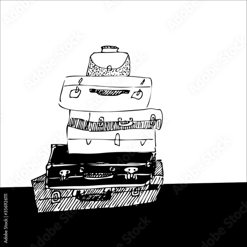 The vintage suitcases ready to go. Nice and funny illustration about the escape from everyday routine towards adventures. Simple black and white sketch good for cards, design and illustrations.