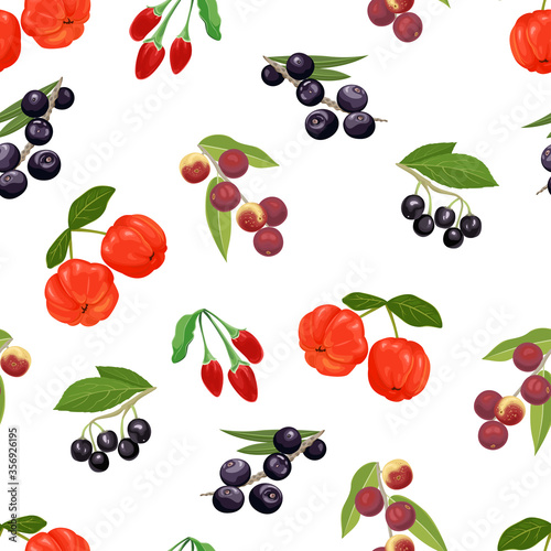 Tropical berry seamless pattern. Acerola, maqui berry, acai, goji and green leaves isolated on white background. Food background. Vector illustration in cartoon flat style. 