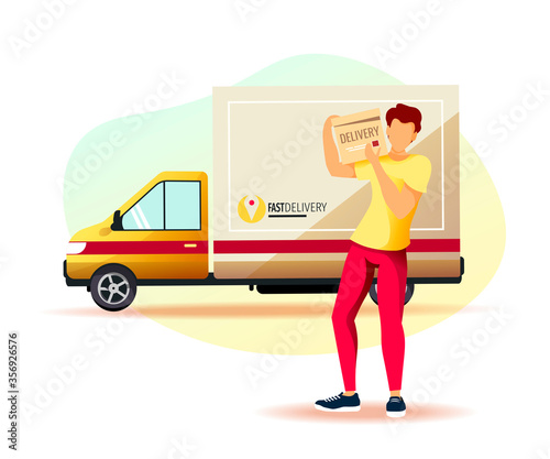 Delivery men with big package and delivery truck on background. Delivery services, Online order, trucking. Vector illustration for poster, banner, advertising.