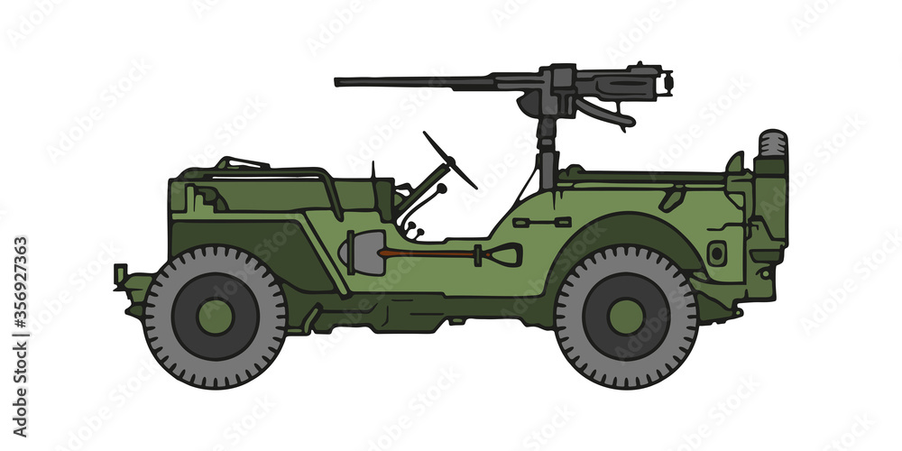 Military jeep with mounted heavy machine gun. Side view, cartoon style. Military jeep with mounted heavy machine gun. Side view, cartoon style.
