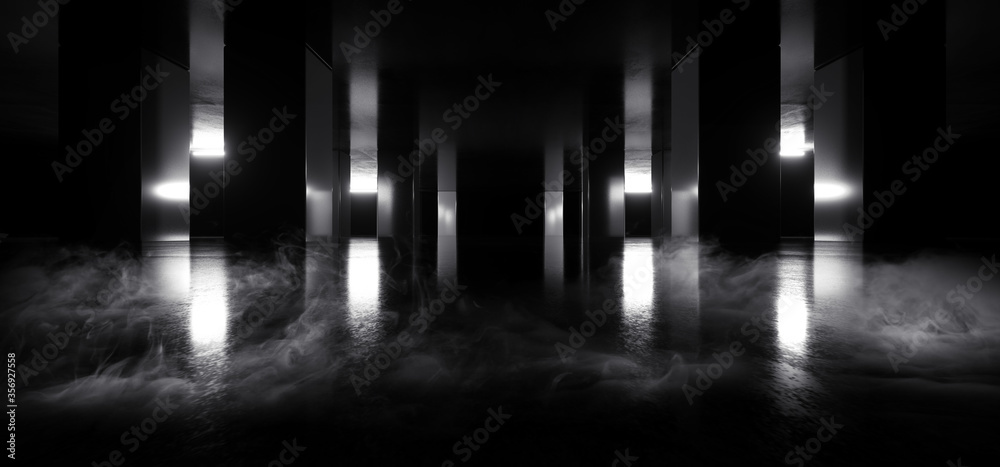 Smoke Fog Cyber Virtual White Laser Neon Glowing Sci Fi Futuristic Warehouse Grunge Concrete Stage Room Garage Underground Alien Spaceship Background  Synth 3D Rendering