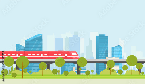 Subway and city on background. Park with trees and bushes. City train outdoor. Flat style vector. On background business city center with skyscrapers. Green park vegetation in center of big town.