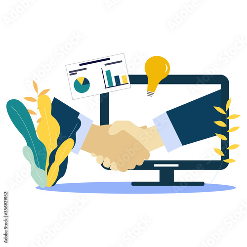 People shaking hands through computer screen. Handshake, trust or business success agreement