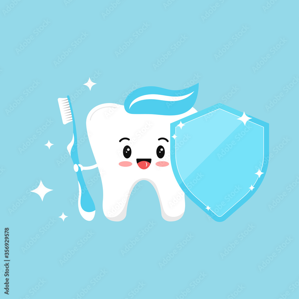 Cute tooth emoji with blue toothbrush and dental shield with paste on head and sparkles. Flat design cartoon kawaii style smiling tooth character vector illustration. Children teeth protect concept. Cute tooth emoji with blue toothbrush and dental shield with paste on head and sparkles. Flat design cartoon kawaii style smiling tooth character vector illustration. Children teeth protect concept.