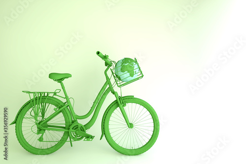 Fototapeta Naklejka Na Ścianę i Meble -  Green bicycle and globe in a basket. Creative idea layout. Minimal concept for sport and cycling. Image for environmental conservation and Global Warming solutions on earth day. 3d illustration.
