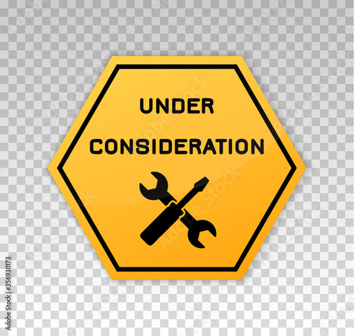 Under construction sign. Construct under banner. Signage danger. Warning caution. Board attract attention. Hammer, spanner. Yellow triangle frame isolated on background. Reconstruction sign. Vector 
