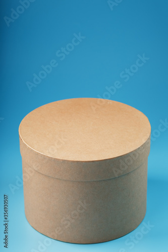 Round cardboard box on a blue background, free space. © Alexander
