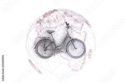 Silver bicycle and globe in a basket. Creative idea layout. Minimal concept for sport and cycling. Image for environmental conservation and Global Warming solutions on earth day. 3d illustration.