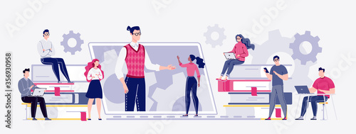 E-learning, online education, e-bookTechnology and digital culture. Staff training, consulting, college, education app. Freelance work in comfortable conditions. Vector. Flat cartoon style.