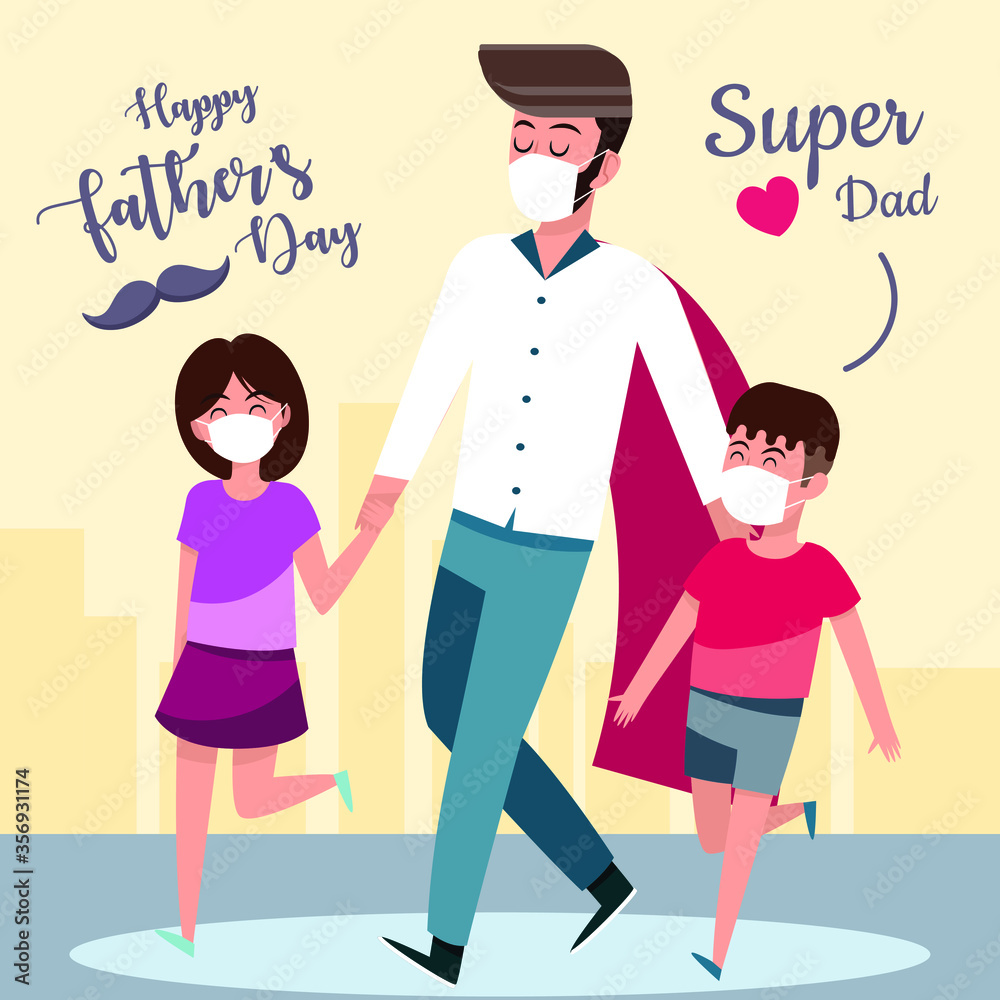 father's day in lock down with mask cartoon illustration vector, super dad fathers day illustration, i love you dad vector father's day in lock down with mask cartoon illustration vector, super dad fathers day illustration, i love you dad vector