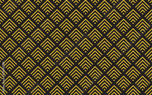 Abstract seamless pattern background with gold chevron geometric shapes. Vector illustration of yellow waves, stripes isolated on black backdrop. Modern ornament graphics.