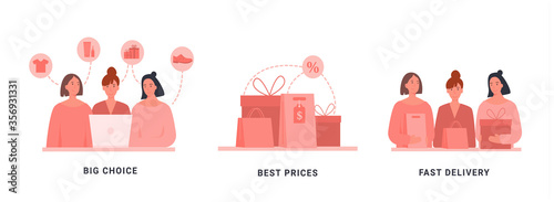 Concept for online retailing business. B2C with stages of online shopping - choice, discount, delivery. Set of scenes with woman buying goods in internet store. E-tailing e-commerce banner for website