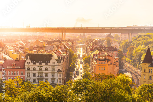 PRAGUE, CZECH REPUBLIC - SEPT 29, 2014:Nusle Bridge was completed in 1973. It is two-levelled, upper deck is used by automobile traffic, lower deck is made up of trapezoid tube for underground trains photo