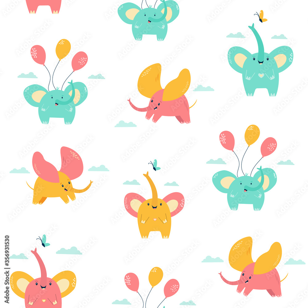 Obraz premium Seamless pattern with cute little elephants. Vector illustration