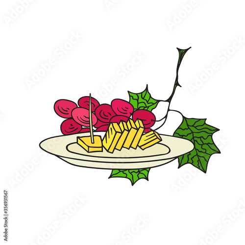 Hand Drawn Sketch Vector Illustration of Bunch of Ripe Red Grape Plate of Cheese appetizer. French Italian Spanish Mediterranean cuisine concept