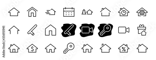 Simple set of line vector home icons. Contains house symbols at interest, infuse house and more. Editable stroke. 480x480 pixels perfect