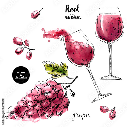 Hand drawn ink sketch of wine glasses with red watercolor stains and grape berries.