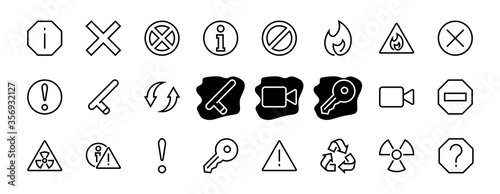 WARNINGS simple set of thin line vector icons. Contains icons such as warning, exclamation mark, reuse, warning sign and more. Editable stroke. Vector illustration
