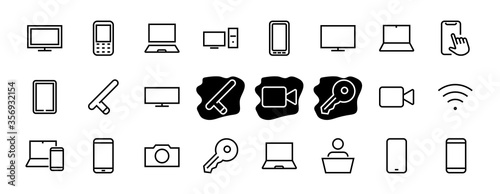SMART devices and gadgets linear icons set, vector, contains icons computer, camera, laptop, phone, web devices, electronic appliances, and much more. Editable stroke