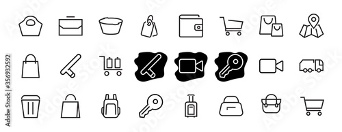 Fototapeta Naklejka Na Ścianę i Meble -  Simple set of bags, shopping and travel icons. Vector illustration Contains icons such as Card, wallet, shopping basket, discount, bowl, package. On a white background, editable stroke